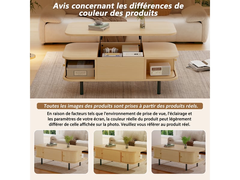  Table basse relevable bois naturel, table basse convertible bureau, 101x51cm, avec rangement caché et portes coulissantes.  - Conforama R