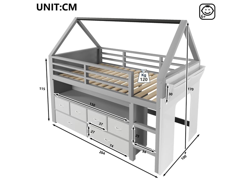  Lit mezzanine enfant avec 6 tiroirs en tissu et guirlande led, gris – 90 x 200 cm IKSETERA TRADING LTD - Conforama C