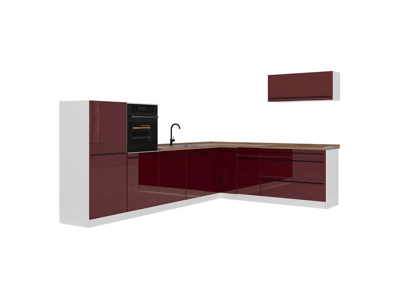 Vicco cuisine en angle, rouge brillantblanc, 327 x cm plan de travail chêne doré - Conforama A