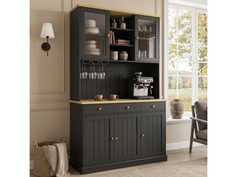 Buffet haut 120x40x191 cm avec portes vitrées, vaisselier de rangement cuisine salle à manger avec prise usb-c et usb-a intégrée - noir - Conforama D