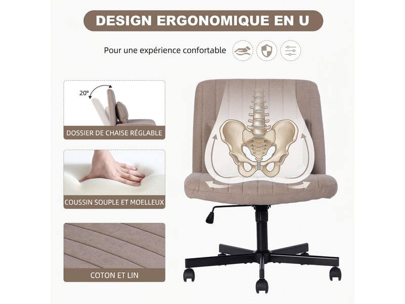 Chaise de bureau pivotante en tissu réglable en hauteur sans accoudoirs à roulettes silencieuses - Conforama D