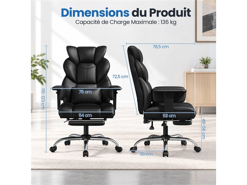 Fauteuil de direction ergonomique à dossier haut avec repose-pieds et accoudoirs réglables 616443 Black - Conforama C