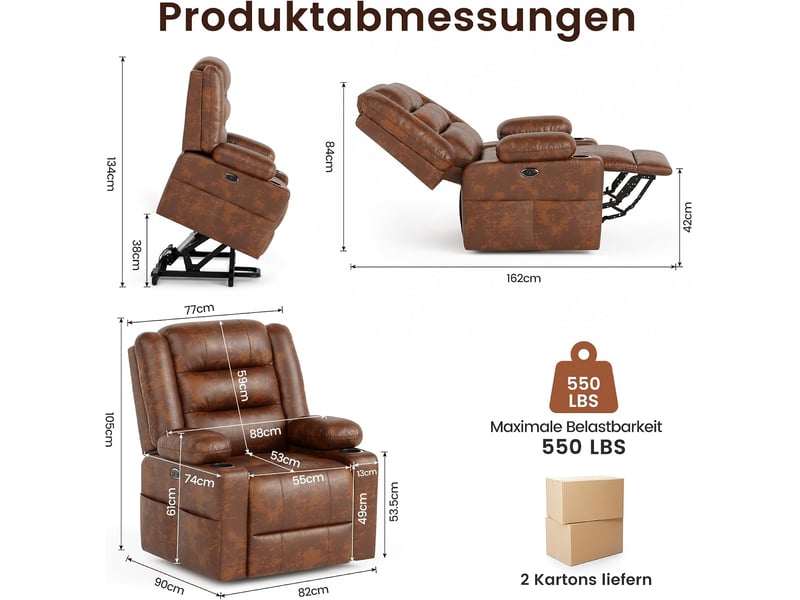  Fauteuil de massage électrique à 2 moteurs avec aide au lever pour personnes âgées, fauteuil tv inclinable, massage et chaleur, marron  - Conforama D