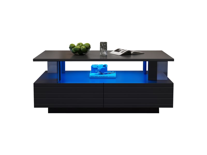  Table basse led noire avec rangement intégré, table d'appointtable de salon rectangulaire double plateau avec éclairage led en acrylique et contrôle via application mobile bluetooth, idéale pour les fêtes et les bureaux.  - Conforama A
