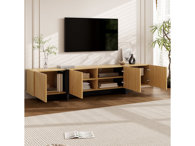 Meuble tv bas à 4 portes, 187 x 35 x 45 cm, meuble de rangement, finition effet lamelles, système de gestion des câbles, couleur naturel  - Conforama D