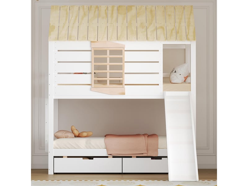 Lit superposé 90x200 avec toboggan et 2 tiroirs couleur blanc naturel  - Conforama B