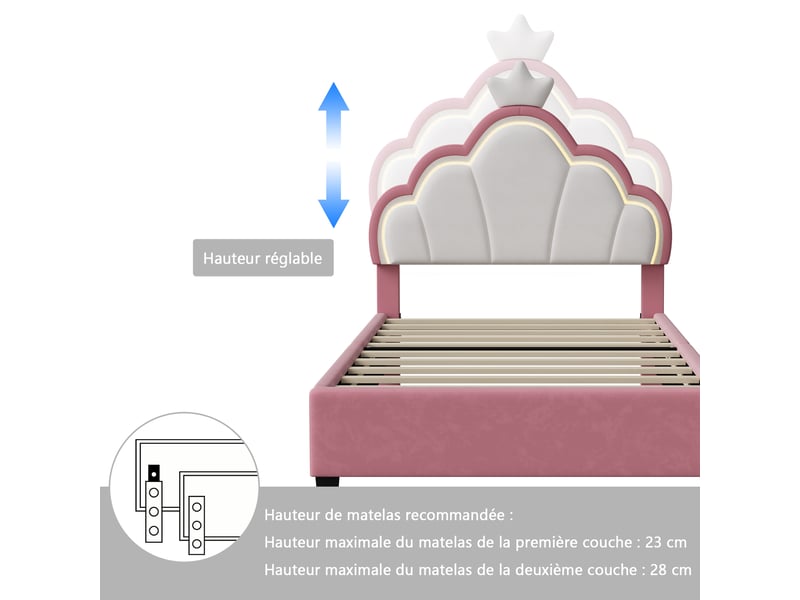  Lit enfant 90x190 cm,tête de lit couronne réglable en hauteur,éclairage led télécommandé,revêtement velours blanc‑rose,pour chambre d'enfant et adolescente  - Conforama E