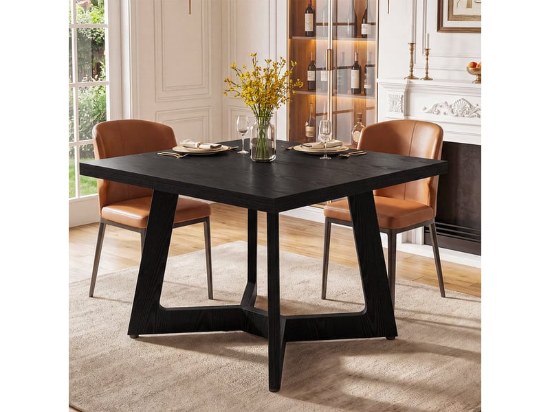 Table de salle à manger carrée noire de 100 cm pour 2 à 4 personnes, table de cuisine noire en bois avec piètement géométrique - Conforama B