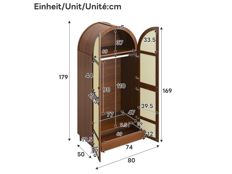 Armoire avec penderie, étagères et tiroirs, portes en rotin pour chambre ou entrée, mdf, noyer, 80 × 50 × 179 cm - Conforama D