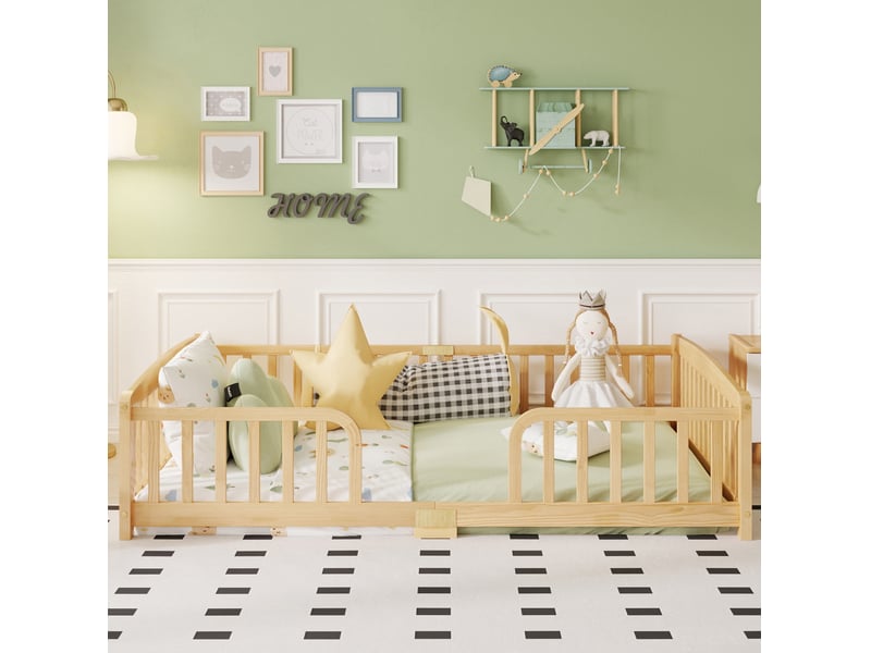  Lit enfant au sol modenvie 140 x 200 cm avec barrières de sécurité ouverture centrale bois de pin coloris naturel  - Conforama E