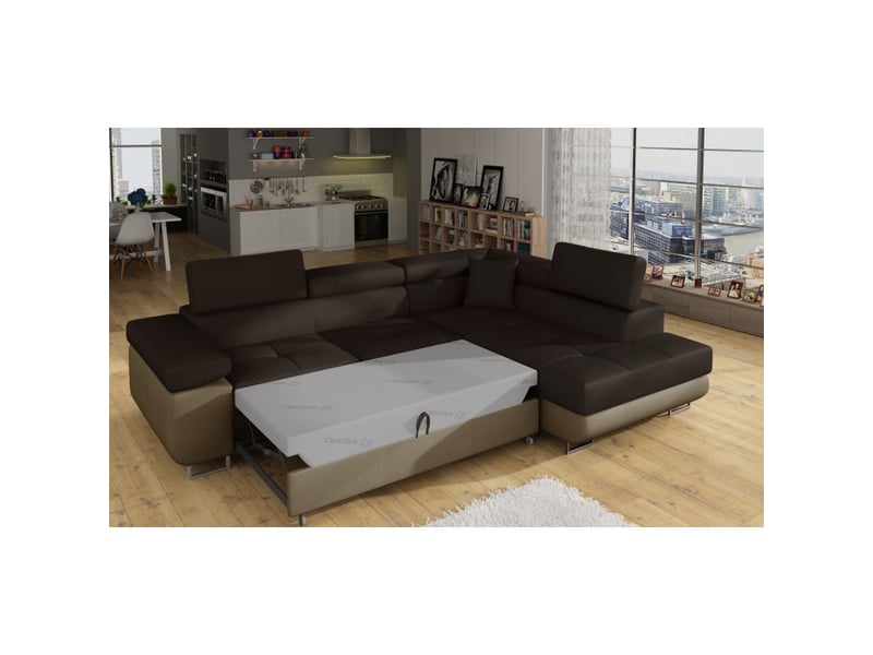  Canapé d'angle convertible menton marron chocolat et beige – angle droit avec coffre  - Conforama D