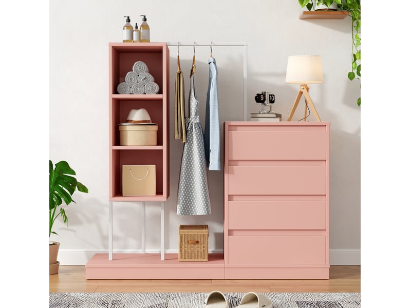  Armoire ouverte avec 4 tiroirs, étagères et penderie 140 x 40 x 135 cm rose  - Conforama D