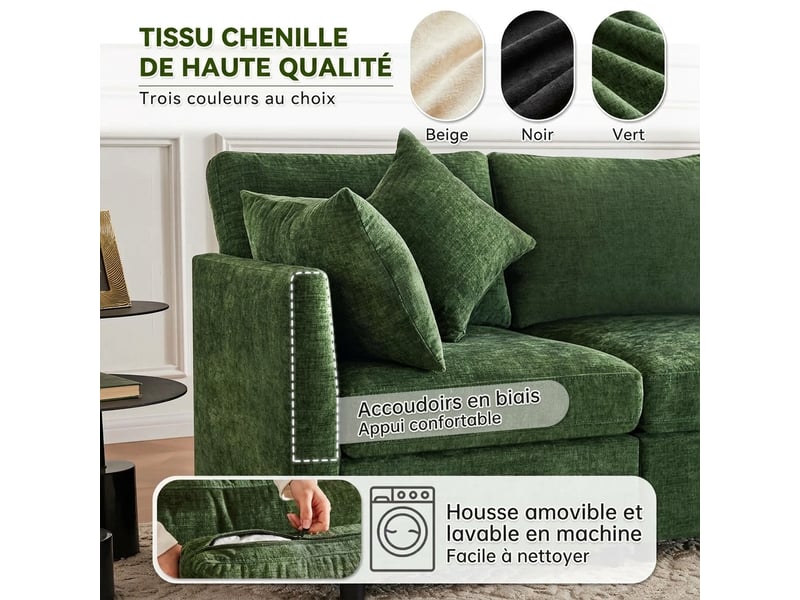  Canapé d'angle modulable 3-4 places avec pouf - tissu chenille vert - 216x161x81 cm  - Conforama D