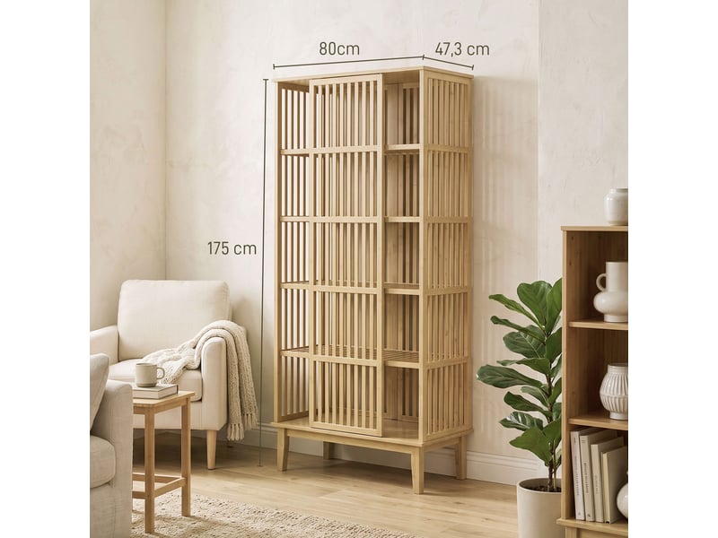  Armoire chambre penderie en bambou 5 niveaux avec porte coulissante, design aéré à lattes, bois naturel  - Conforama C