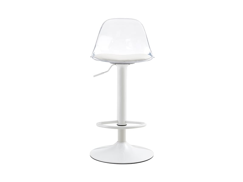  Tabouret de bar réglable pivotant avec dossier ergonomique et base métallique, transparent et blanc  - Conforama A