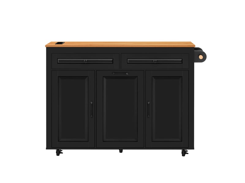  Îlot de cuisine sur roulettes extensible avec prises intégrées, compartiment pour poubelle, mdf, noir  - Conforama W