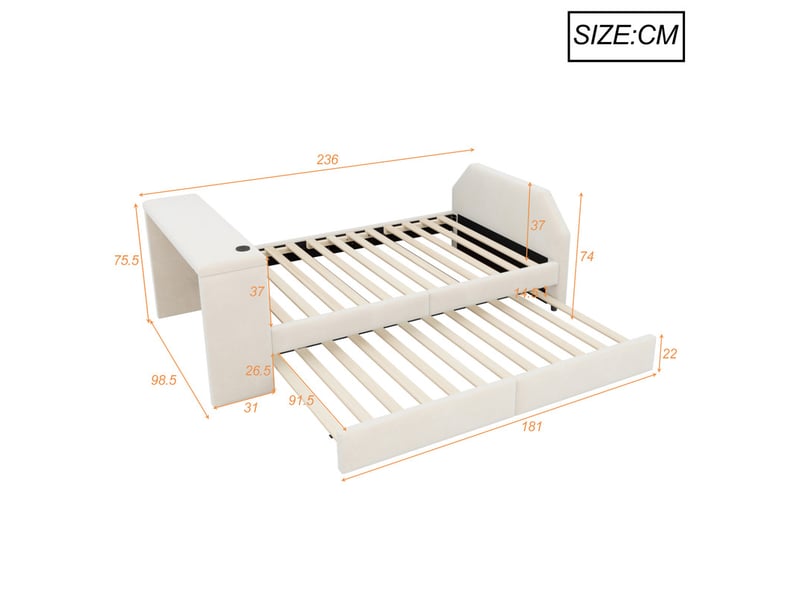  Lit pour enfant rembourré 90x200 cm – avec port de charge usb – avec lit gigogne – velours – beige (matelas non inclus)  - Conforama C