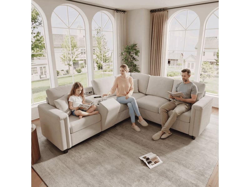 Canapé d'angle l 5 places 235x208x83 cm en chenille avec console rangement, porte-gobelets, usb-c, lumière led, canapé modulable moderne - beige - Conforama B