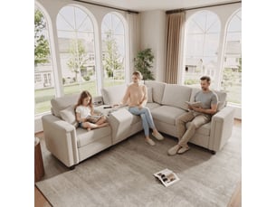 Canapé d'angle gauche fixe 5 places Tissu beige avec coffre de rangement