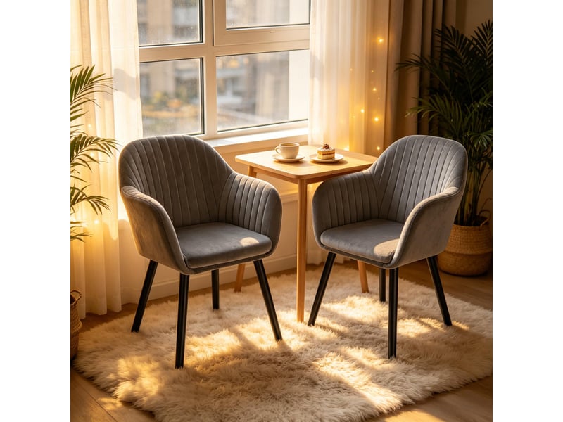 Chaise de salle à manger lot de 2 avec accoudoirs et dossier courbé - pieds en bois, velours noir ou gris foncé - Conforama B