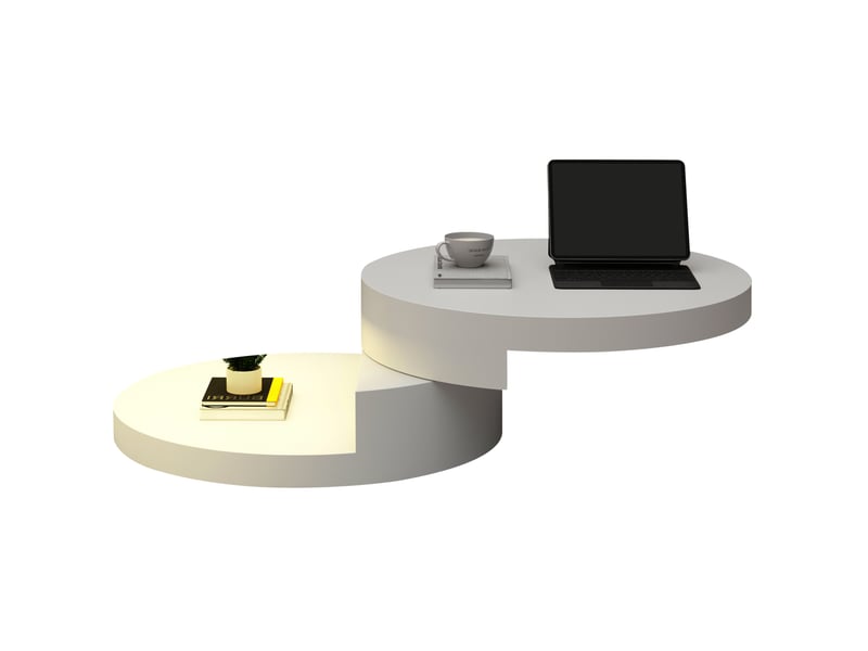  Table basse ronde mdf à plateau rotatif 360° avec led, 70 x 70 x 35,5 cm, blanc  - Conforama A