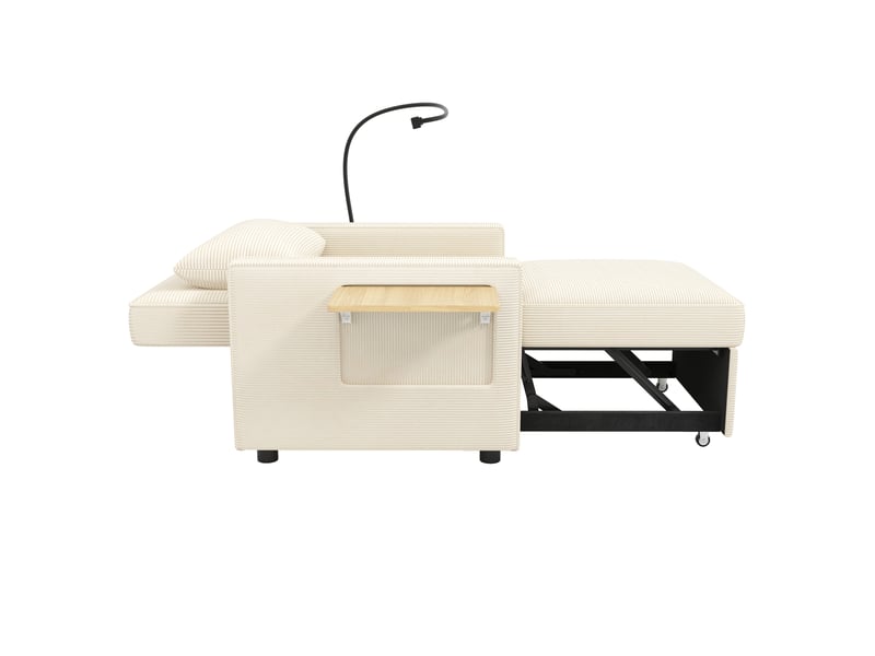 Fauteuil-lit convertible 1 place pliable en velours côtelé beige, avec usb et support pour téléphone - Conforama D