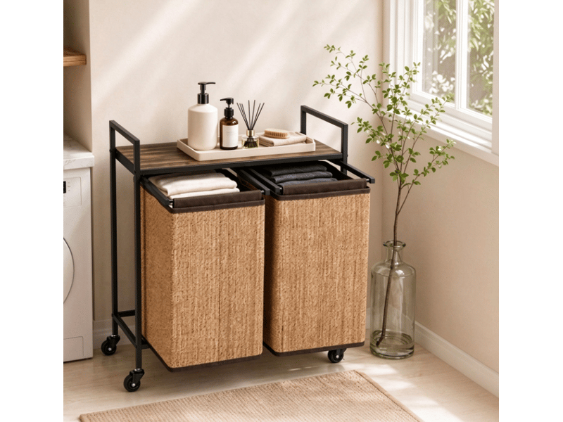  Panier à linge 73x33x78 cm, 120 l, 2 sacs amovibles avec tablette et roulettes en bambou brun  - Conforama C