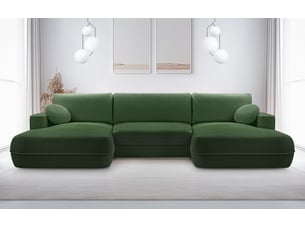 Canapé d'angle panoramique convertible <strong>AX LIVING </strong> <strong>Peoni</strong> 5 places Velours vert avec coffre de rangement