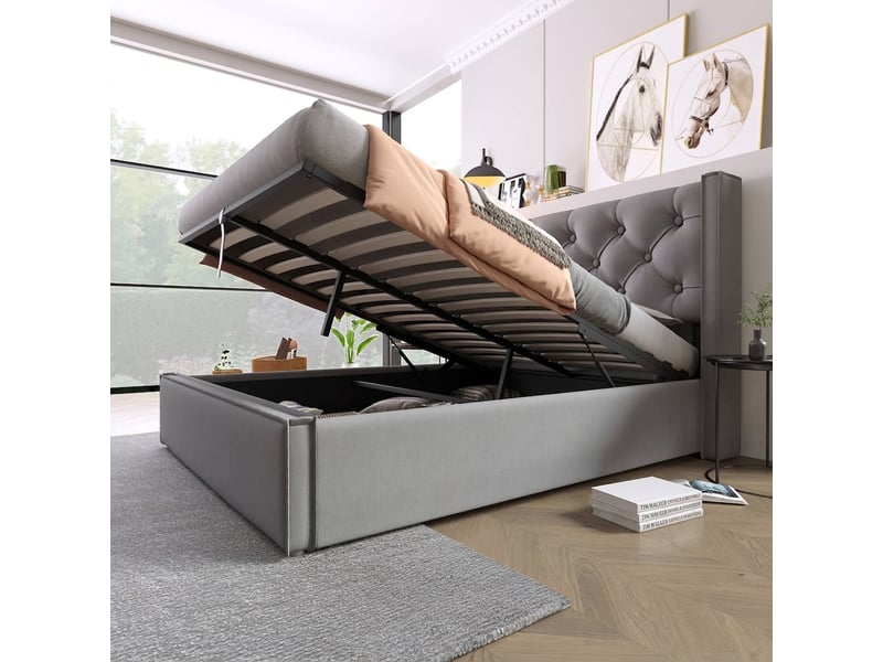  Lit coffre 140x200 capitonné avec sommier à lattes en bois et rangement hydraulique, gris  - Conforama C