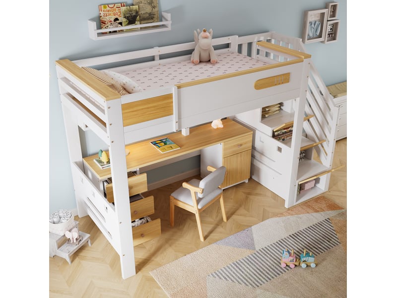  Lit mezzanine modenvie 90 x 200 cm blanc et bois naturel avec bureau, tiroirs, étagère suspendue et escalier de rangement  - Conforama D
