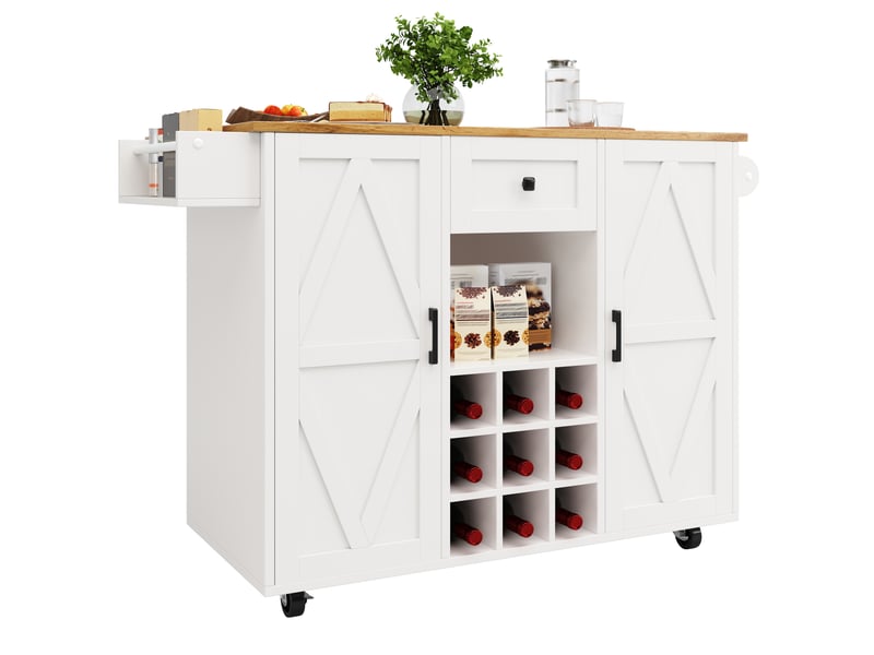  Desserte cuisine, îlot central sur roulettes avec plan de travail, plateau extensible, 1 tiroir, dimensions 137,5 x 65 x 95,6 cm, mdf, blanc  - Conforama A