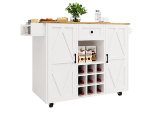 Îlot de cuisine 137,5 x 65 x 95,6 cm avec 2 portes, 1 tiroir, étagères latérales, range-bouteilles amovible et roulettes, mdf, blanc