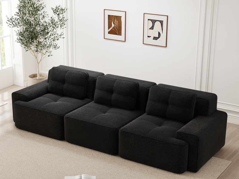  Canapé modulable cloud 3 places noir, angle, sans structure, velours côtelé, assise profonde, sans montage – 293x104x69cm  - Conforama B