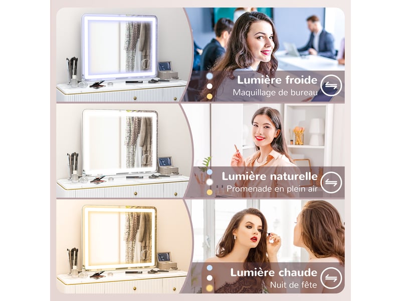  Miroir lumineux led intensité 3 modes d'éclairage, grossissement 10x, touche tactile - 80 x 62 cm,  port de charge usb  - Conforama E