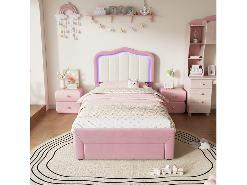  Lit enfant 90x200 cm lit capitonné avec tiroir et led, velours rose, sans matelas  - Conforama B