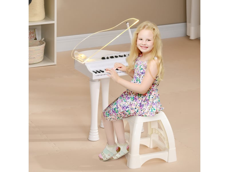  Piano enfant électronique 32 touches multifonctions avec micro haut parleur tabouret couvercle lumineux led blanc  - Conforama B