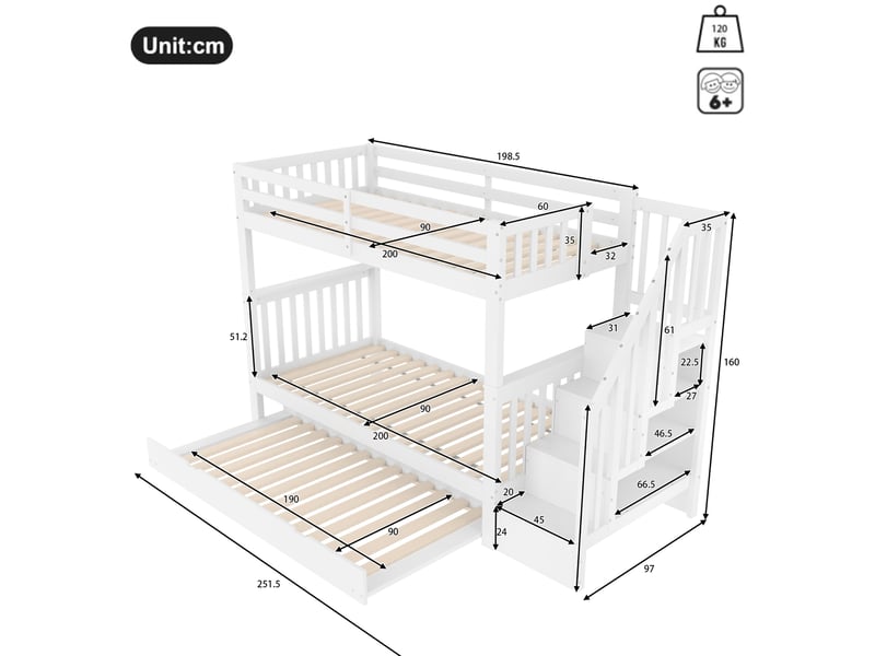 Lit superposé enfant 90 x 200 cm avec lit gigogne et escalier de rangement blanc  - Conforama C