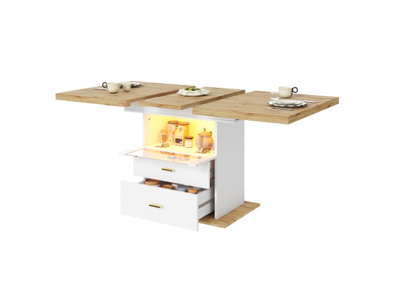  Table à manger extensible en imitation bois mdf 110-140 cm, espace de stockage, lumière led pilotable via app  - Conforama D
