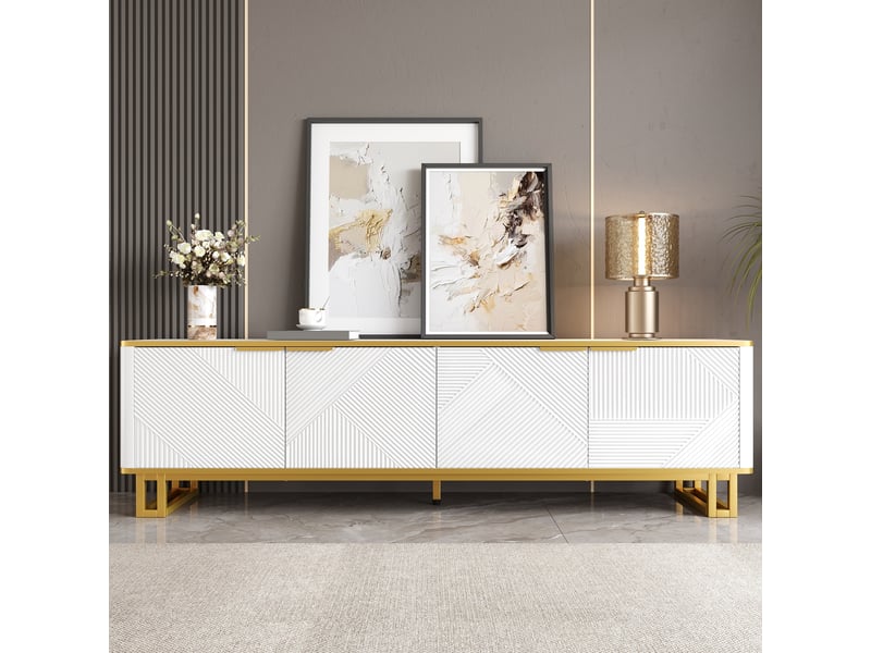  Meuble tv blanc et or 160 cm 4 portes - design géométrique mdf métal  - Conforama B