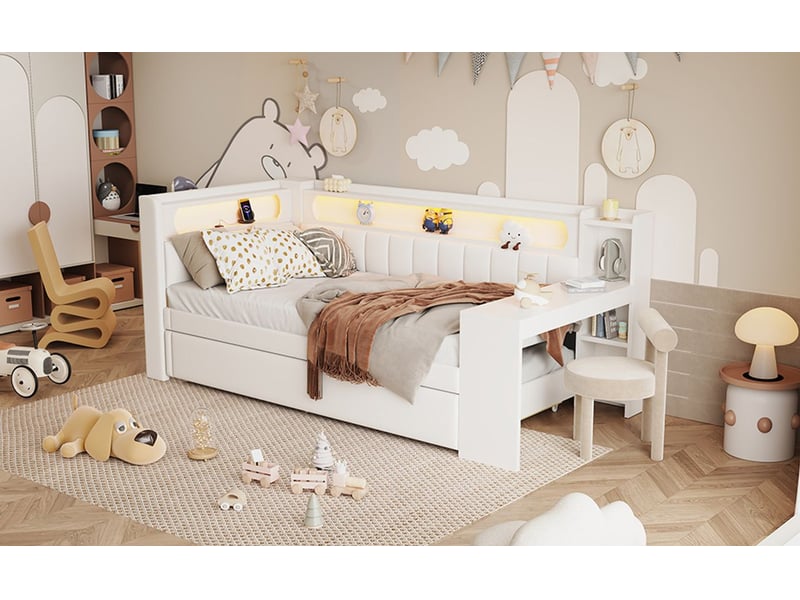  Lit gigogne 90 x 200 cm canapé-lit rembourré ports usb éclairage led bureau intégré blanc  - Conforama E