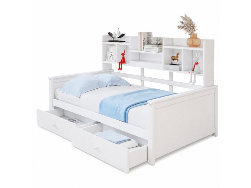 Lit banquette simple enfant 90×200 cm, 2 tiroirs et étagères - sans matelas, bois blanc - Conforama A