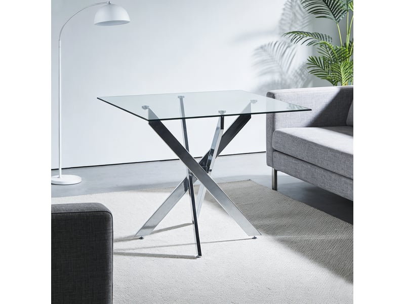 Table de salle à manger à plateau en verre et pieds en métal argenté  - Conforama B