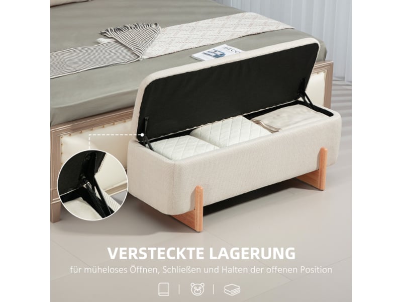  Banc coffre rembourré aspect lin avec rangement, pieds en bois et charnières de sécurité, salon et chambre  - Conforama D