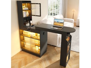 Bar extensible avec rangement 131 à 170 x 40 x 170 cm noir en mdf, éclairage led, prises, usb et usb-c
