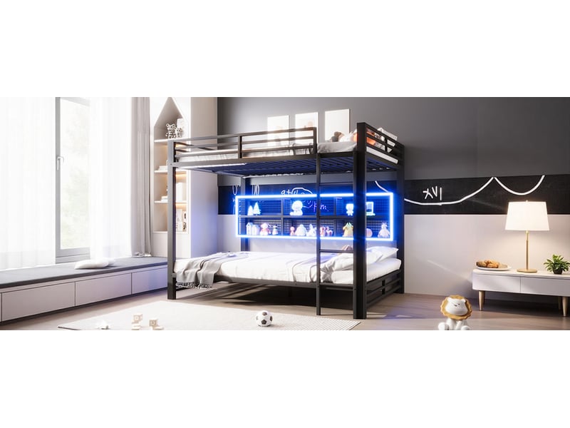  Lit superposé 140 x 200 cm, lit enfant à deux couchages, placard intégré, étagères ouvertes, éclairage led, barrières de sécurité, métal, noir Morn Vibe - Conforama E