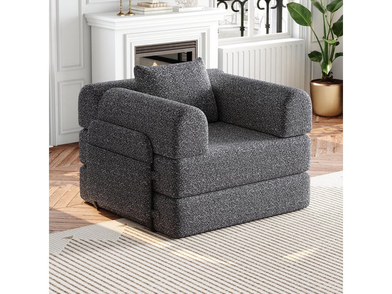  Fauteuil convertible 1 place - 94x91x70cm - chauffeuse lit chenille, poche rangement, cadre acier - gris foncé  - Conforama B