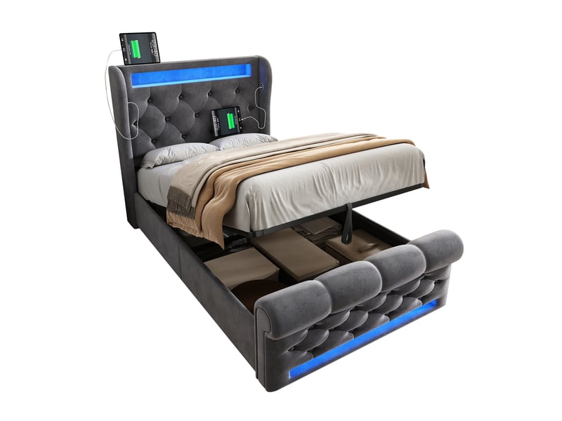  Lit coffre, lit enfant 90x200 cm, tête de lit avec rangement, led, usbusb-c, velours gris, matelas inclus  - Conforama B