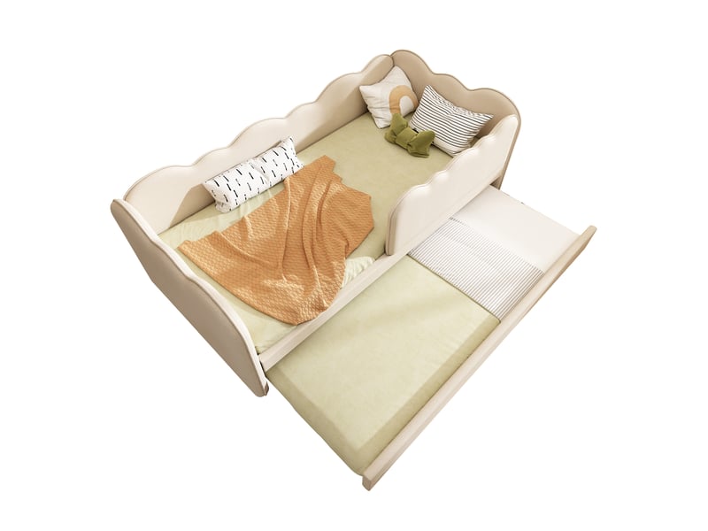 Canape lit rembourré 90x190 cm avec lit gigogne, lit enfant avec sommier à lattes, cadre de lit 1 personne, beige, lin  - Conforama W
