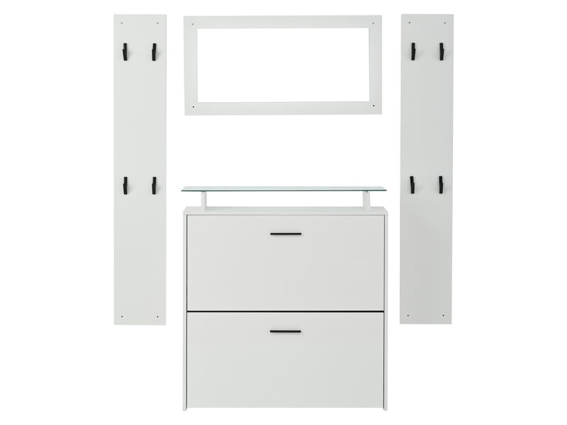 Ensemble meuble d'entrée complet 4 pièces, vestiaire de couloir gain de place avec meuble à chaussures miroir et 8 patères, style scandinave, blanc - Conforama A