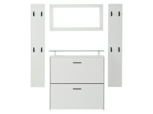 Ensemble meuble d'entrée complet 4 pièces, vestiaire de couloir gain de place avec meuble à chaussures miroir et 8 patères, style scandinave, blanc